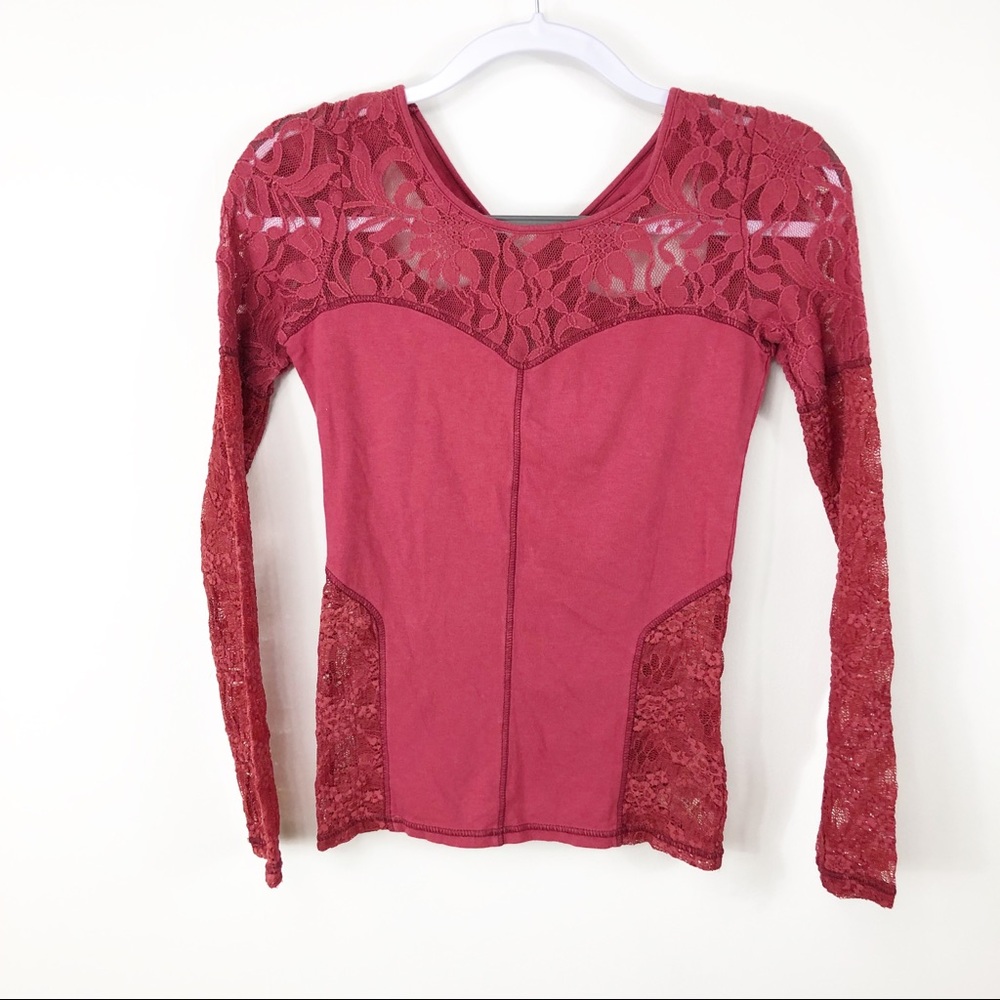 Free People burgundy lace sleeve‎ cross strap back
